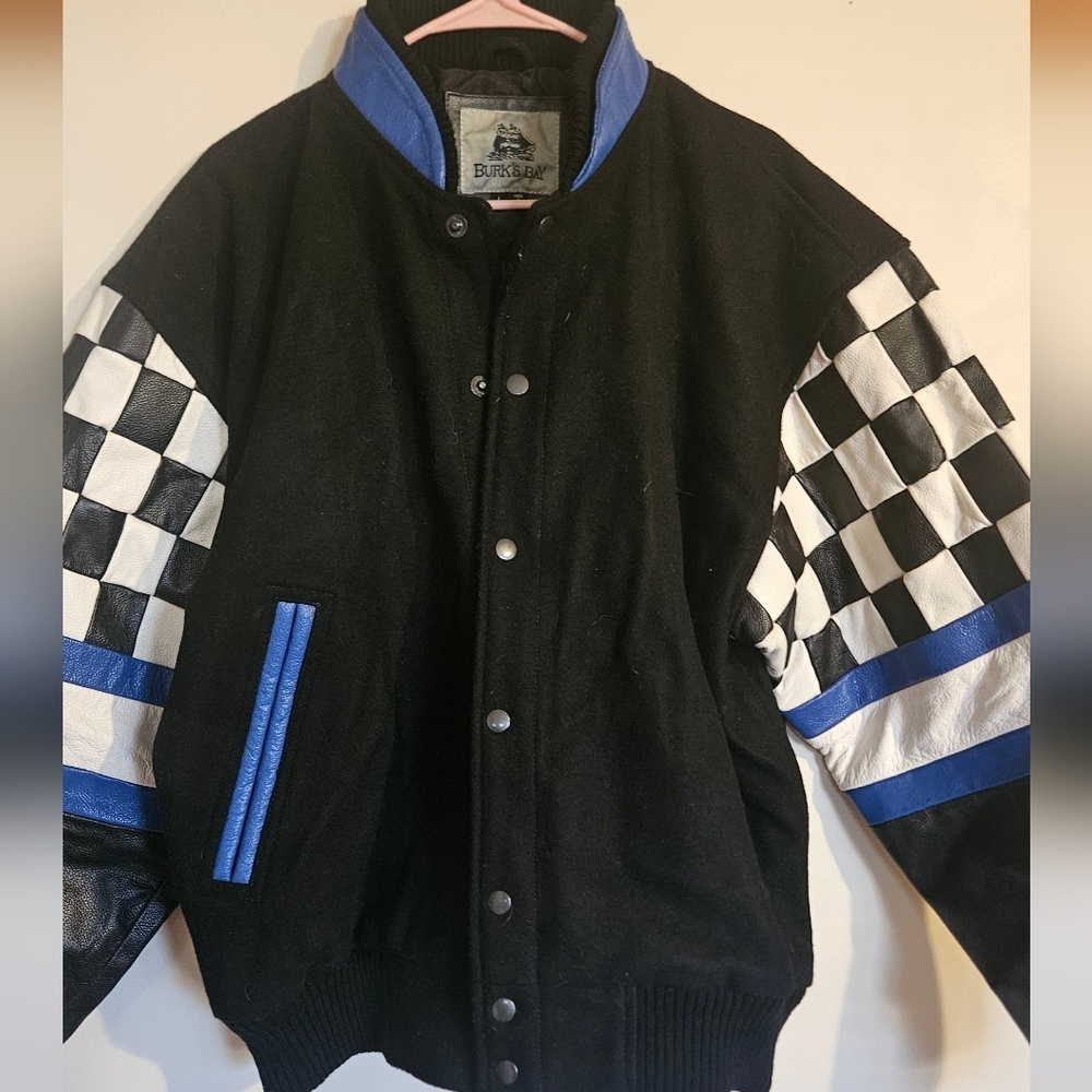 Burk's Bay Men's Black Wool & Leather B&W Checkered Sleeve Racing Jacket Large